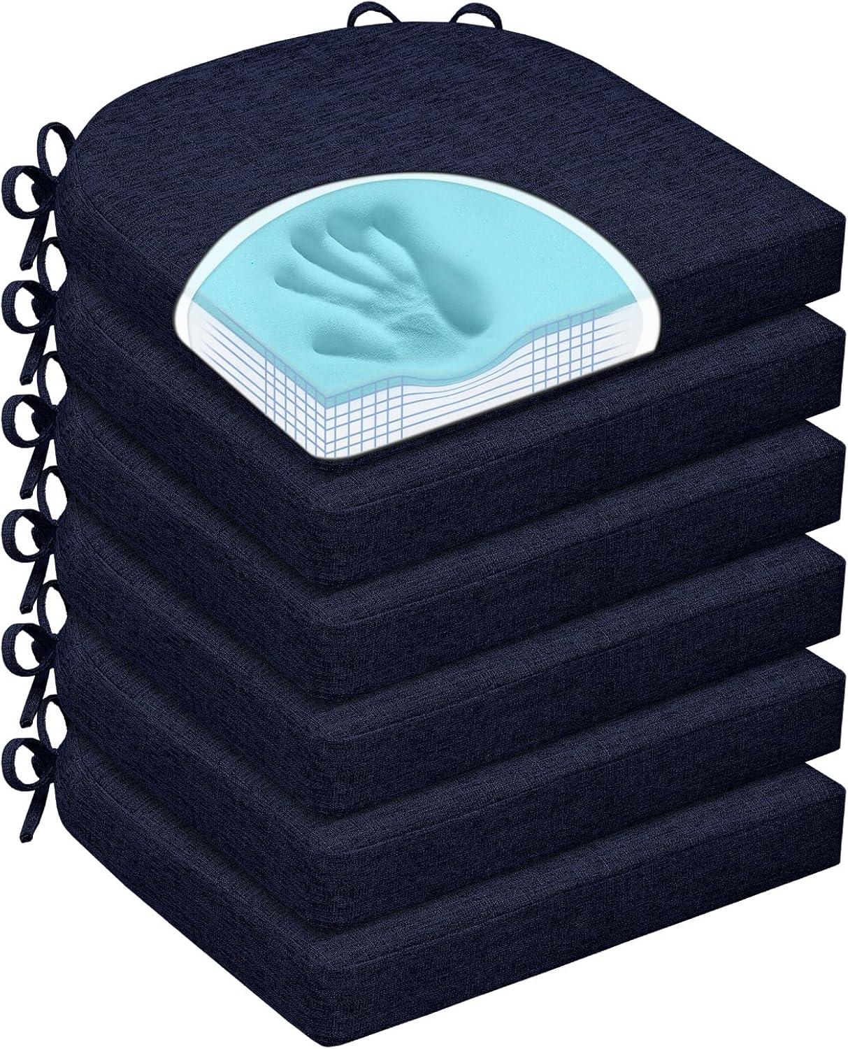Chair Cushions for Dining Chairs, Non Slip Chair Pads with Ties and Washable Covers, Memory Foam Kitchen Chair Cushions Set of 6, 16"X16"X2.5", Navy Navy Pack of 6