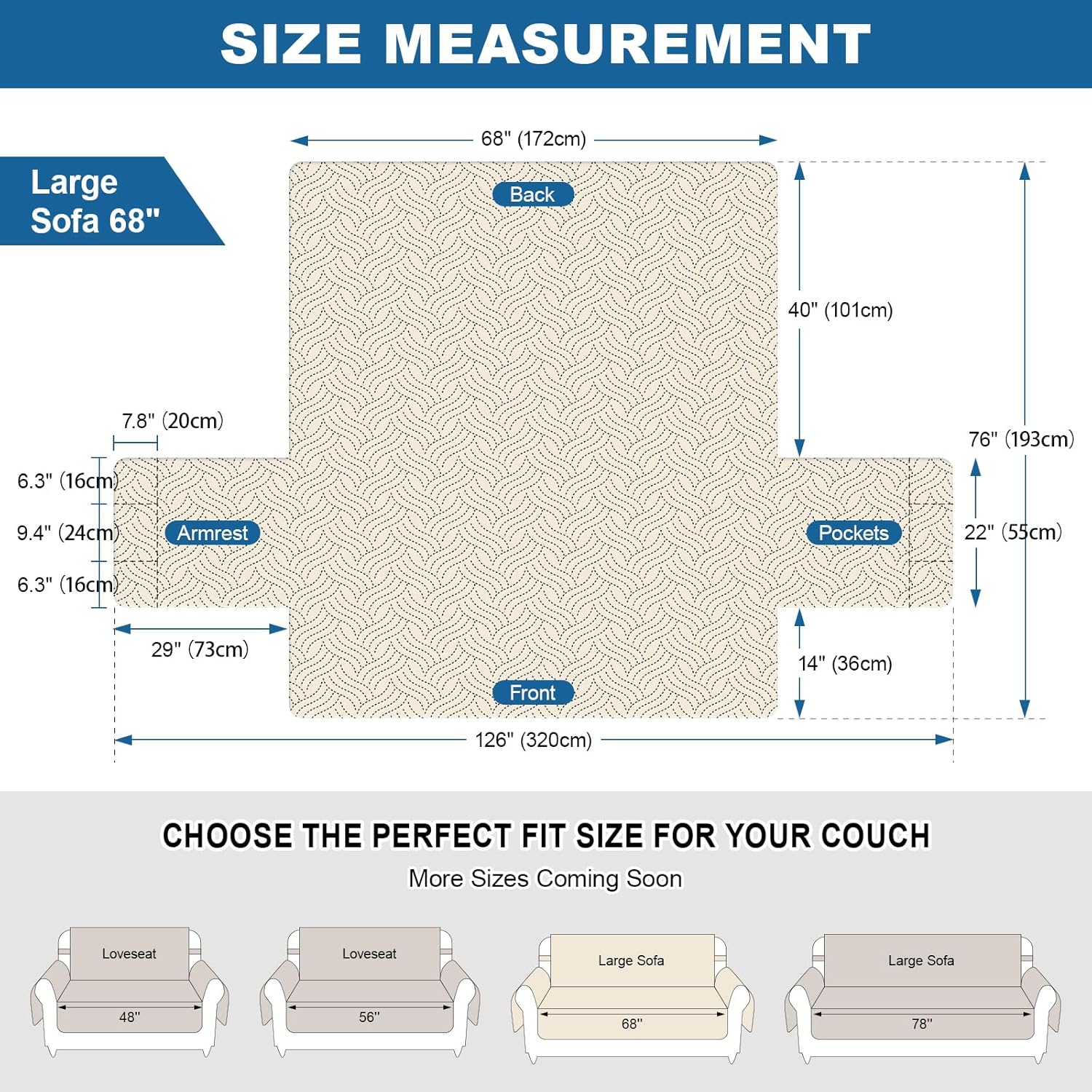 Deep Dream 100% Waterproof Sofa Covers, Non-Slip Quilted Couch Covers for 3 Cushion Couch, Pet Friendly Sofa Cover for Dogs Washable Slipcover Furniture Protector (Large Sofa 68”, Dark Grey)