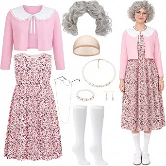 Halloween Old Lady Costume Set with Nightgown Grandma Dress and Coat