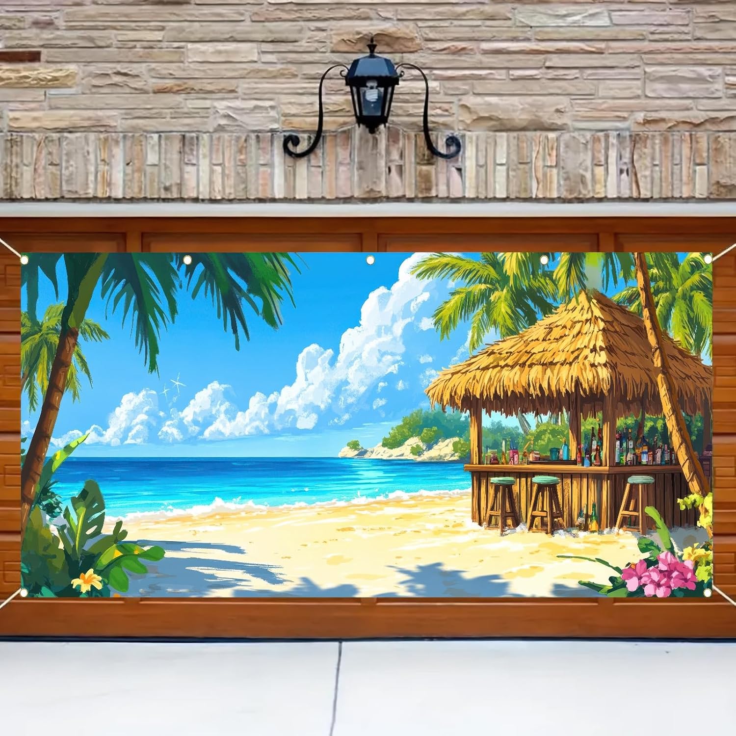 BlissYard 13x6ft Summer Garage Door Banner Hawaiian Summer Beach Backdrop Tropical Beach Scenery Blue Sky Garage Door Cover Decoration for Pool Party Indoor Outdoor House Wall Background Decor