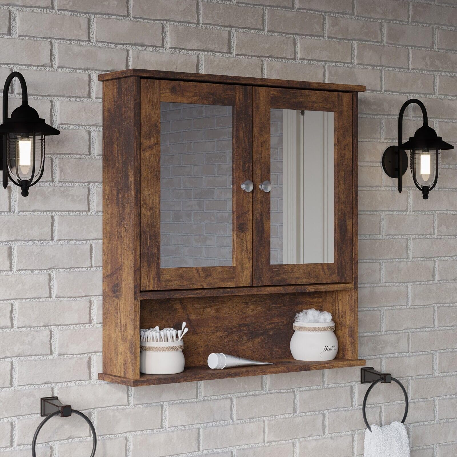URBNLIVING Wall Mirror Cabinet Multi-Functional Mirror with Concealed Shelves, Wall-Mounted, Sleek and Modern Design, Ideal for Small Spaces, Perfect for Home Décor and Storage Needs Rustic Brown — image 1