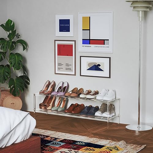 Miniatura 8 de Aquiver Zapatero largo de acrílico, organizador de zapatos de 2 niveles para armario, estante ancho para zapatos, estante transparente para zapatos