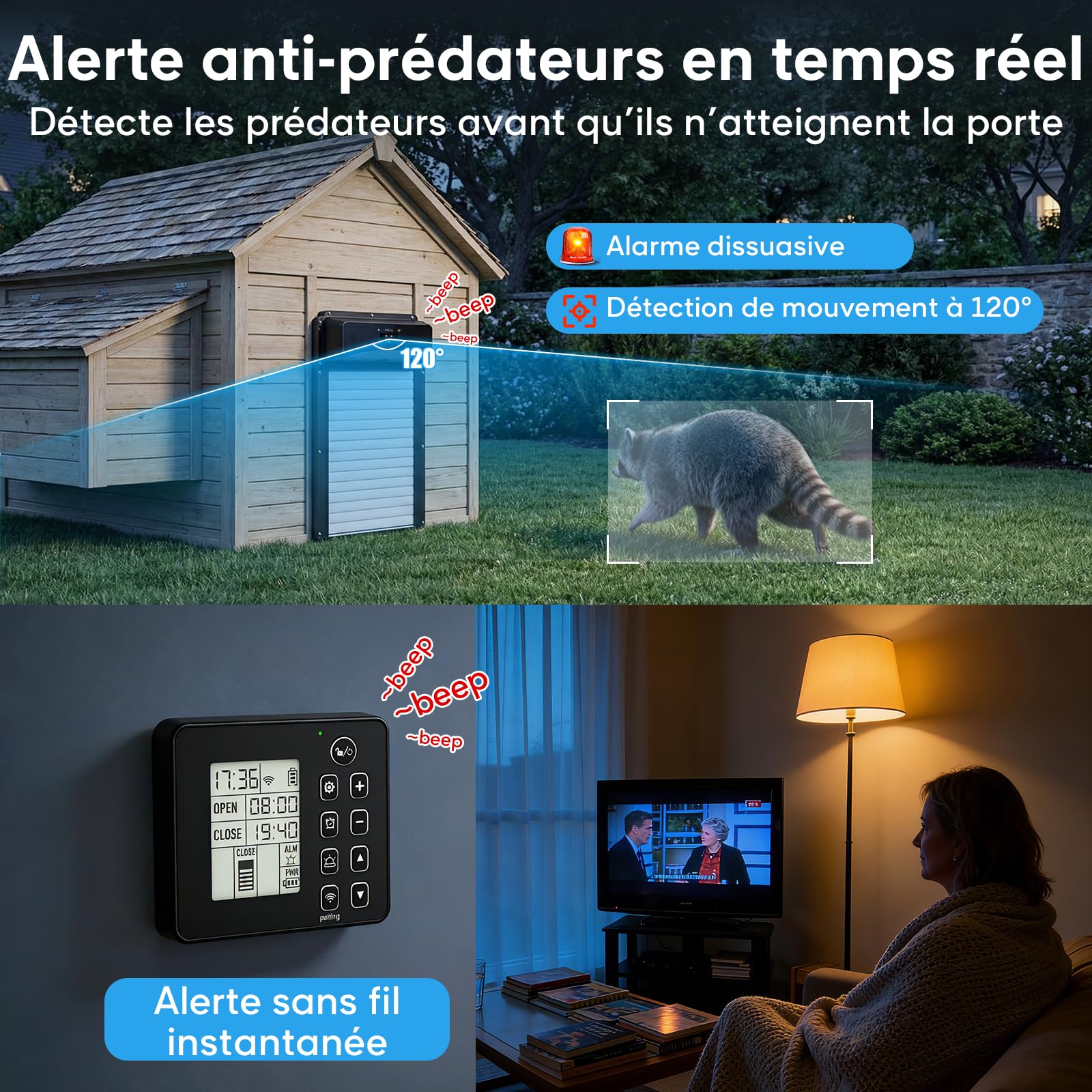 Porte Poulailler Automatique Solaire avec Télécommande sans Fil 120 m, Porte Enroulable Porte Automatique Poulailler Solaire avec Détection de Mouvement 120°, Minuterie, Fonction Anti-pincement