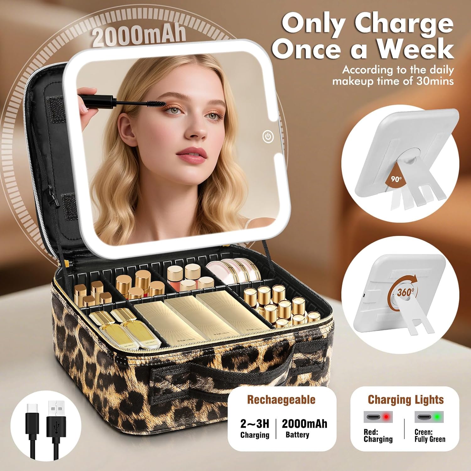 Travel Makeup Bag with LED Mirror,Travel Makeup Organizer with Removable LED Mirror,Makeup Case with Lighted Mirror 3 Color Setting,Leopard