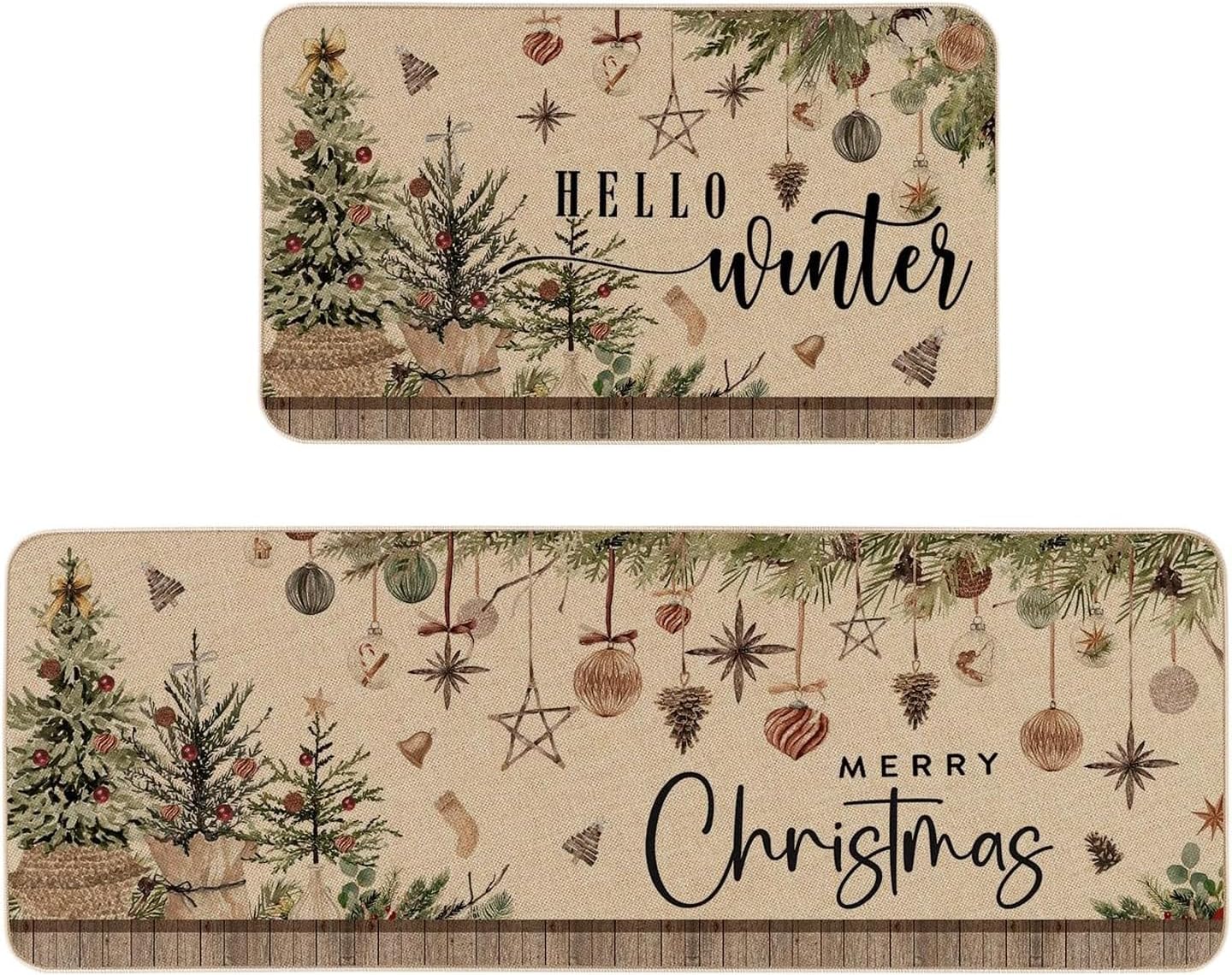 Moutina Holly Ornaments Merry Christmas Kitchen Rugs Set of 2, Hello Winter Home Decor Low-Profile Kitchen Mats for Floor - 17x29 and 17x47 Inch