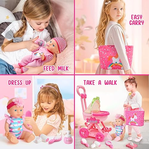 Miniatura 5 de Golray Juego de cochecito de bebé para niña con muñeca de bebé de 12 pulgadas y 17 piezas de accesorios para muñecas de bebé, bolsoropa, sombrilla,