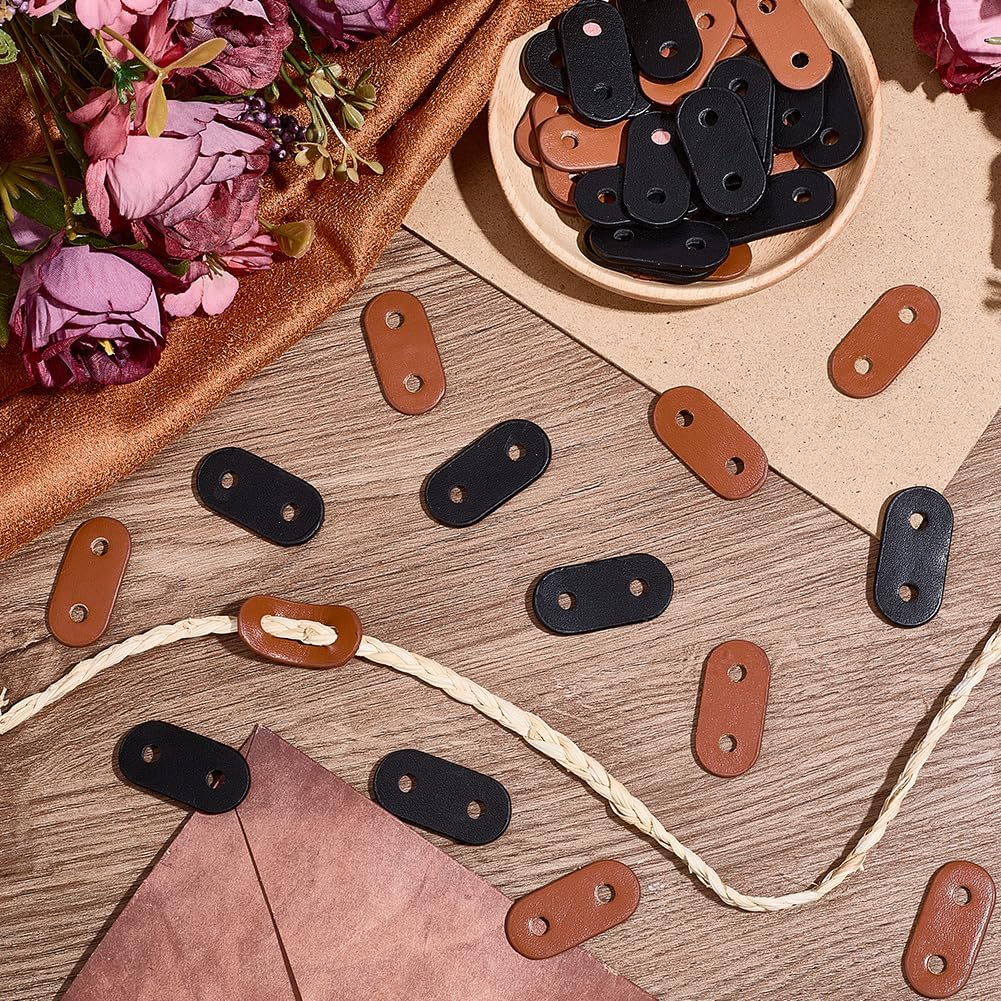 50PCS PU Leather Cord Locks 2 Colors Oval Two Hole Drawstring End Adjuster Fastener Leather Toggle Stoppers for Casual Jacket Hoodie Pants Sweatpants Coats Waist Outwear Backpack