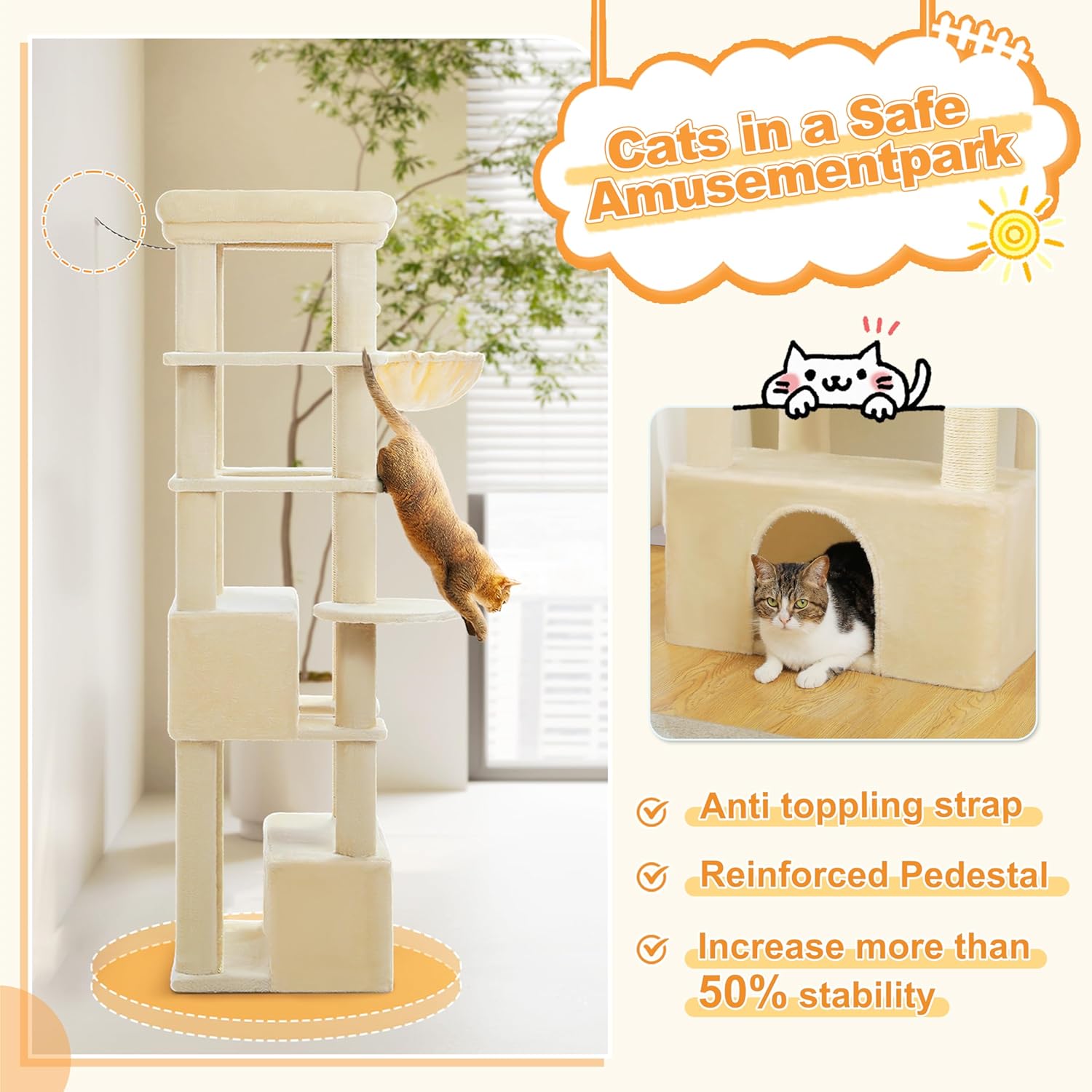 PEQULTI 68'' Cat Tree for Large Cats 20 lbs Heavy Duty, Tall Cat Tower for Indoor Big Cats with Extra-Large Top Perch [21'' x 17''], 2 Large Cat Condos, Cat Scratching Post and Cozy Hammock, Beige