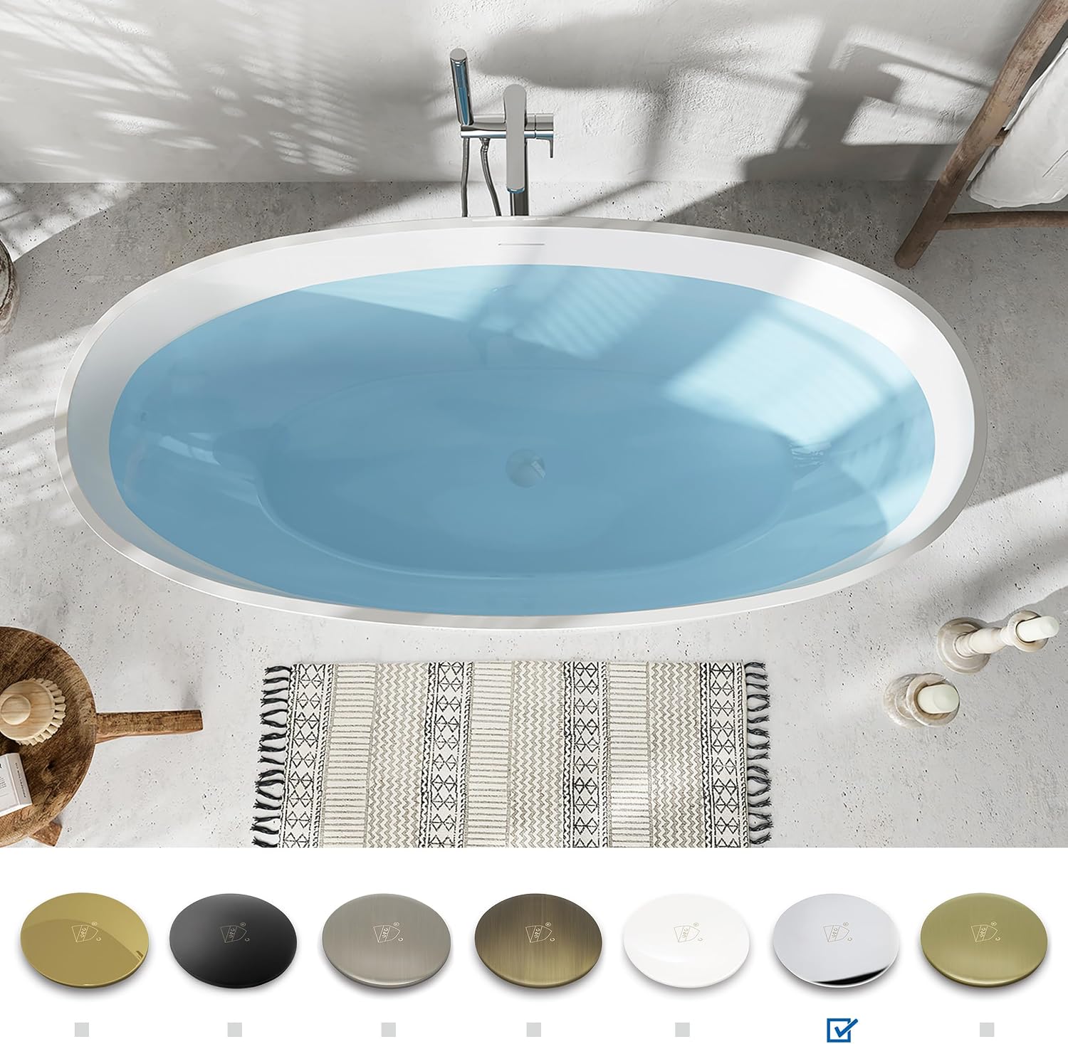 FerdY 67" Acrylic Freestanding Bathtub, Contemporary Soaking tub with Chrome Drain & Overflow, Elegant Oval Shape, cUPC Certified, Tahiti
