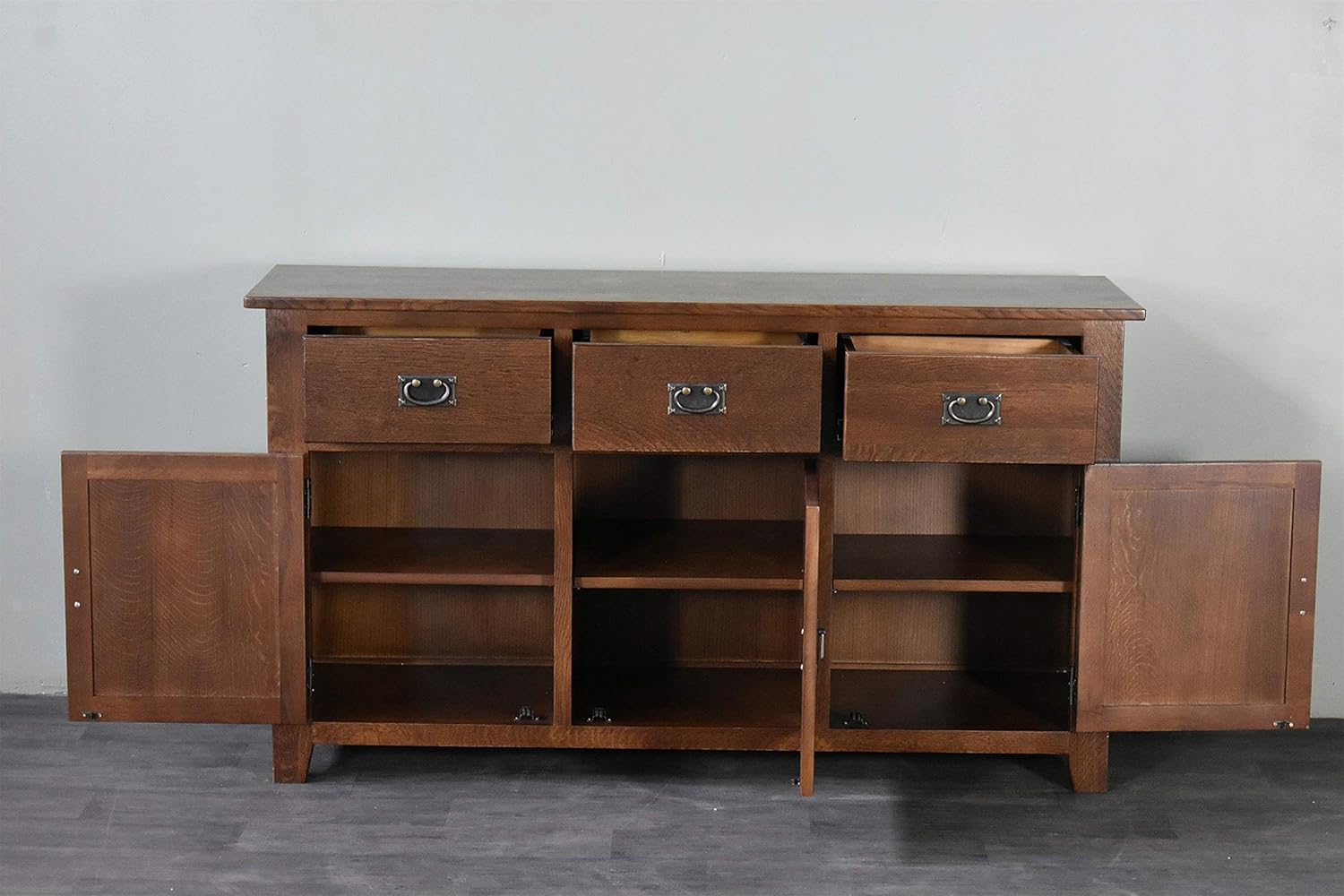 Pemberly Row 58.5" Solid Wood Sideboard, Walnut Finish, 3 Cabinet Doors with Removable Shelves, 3 Dovetail Drawers with Metal Glides, Buffet or Console Table for Dining Room or Entryway Use