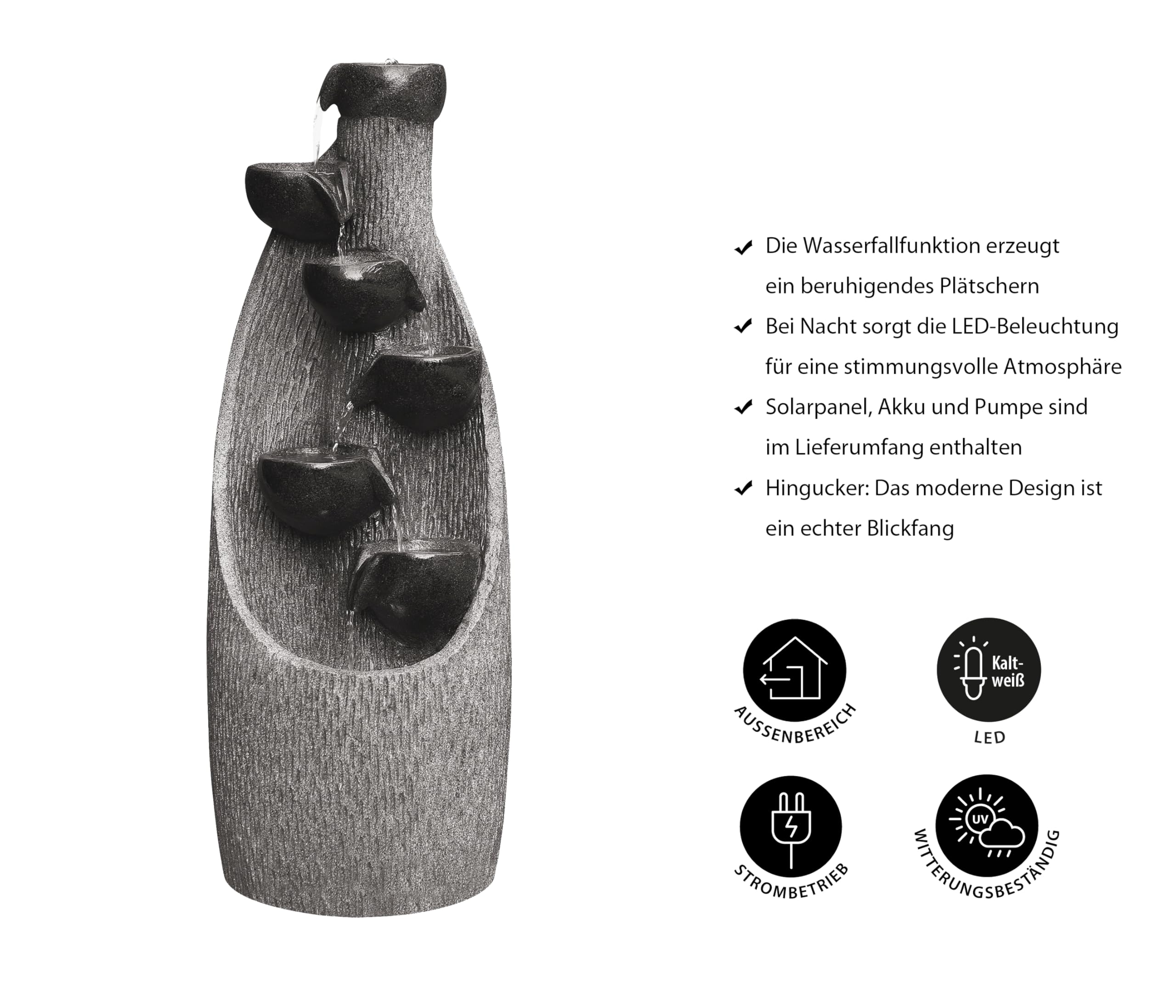 Dehner Gartenbrunnen Scale, Terassenbrunnen frostbeständig, Brunnen für Außen, mit LED Beleuchtung, ca. 91 x 33 x 29.5 cm, Polyresin, grau