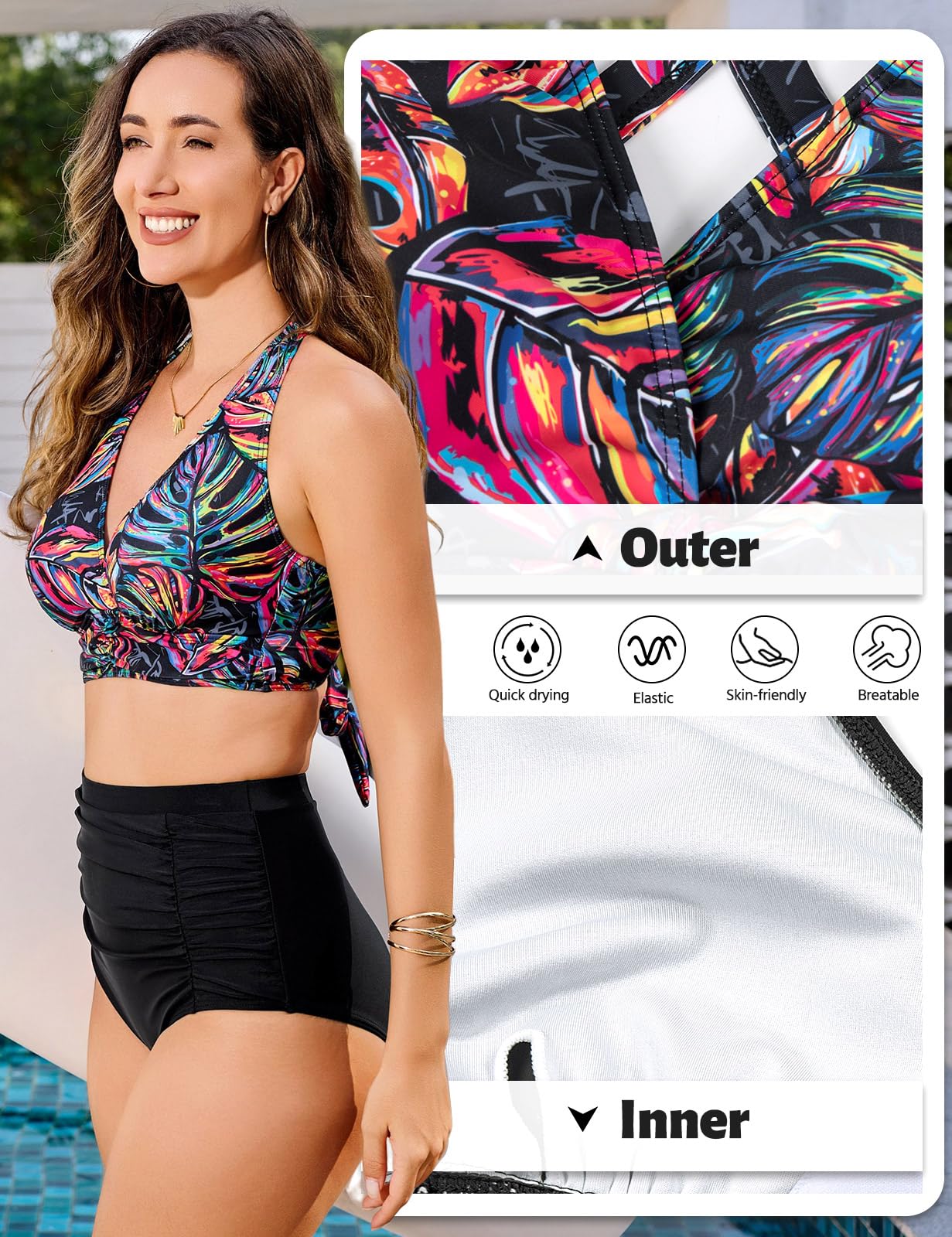 Voqeen Mujer Bikinis Reductor Barriga Cintura Alta Traje de Baño 2 Piezas Push Up con Relleno Conjuntos de Bikinis de Playa Bañadores de Natacion Cuello en V Bikini Top y Braga Ajustable