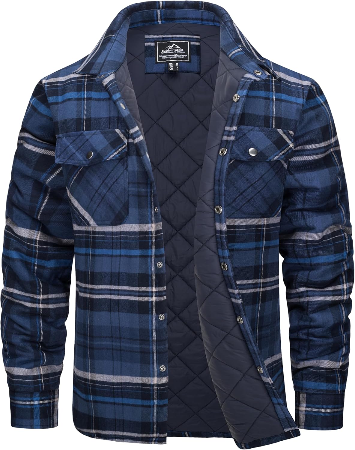 Mens Flannel Jacket Cotton Quilted Jacket Heavyweight Flannel Shirt Fall Winter Shackets Blue Grey L