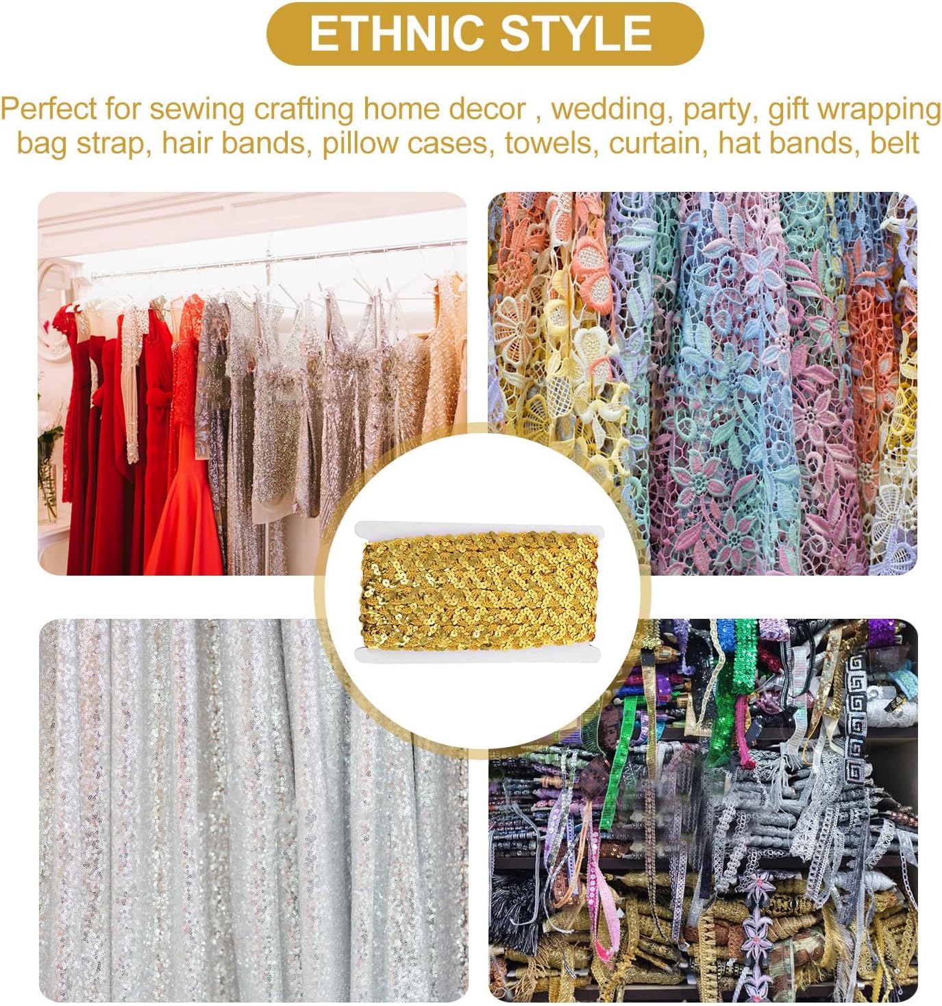 Mipcase 15mm Wide Dark Gold Sequin Braid Trim Decorative Sewing Lace for Garment Accessories and Craft Embellishments, 15 Yards Roll for Clothing, Bags, and Home Decor