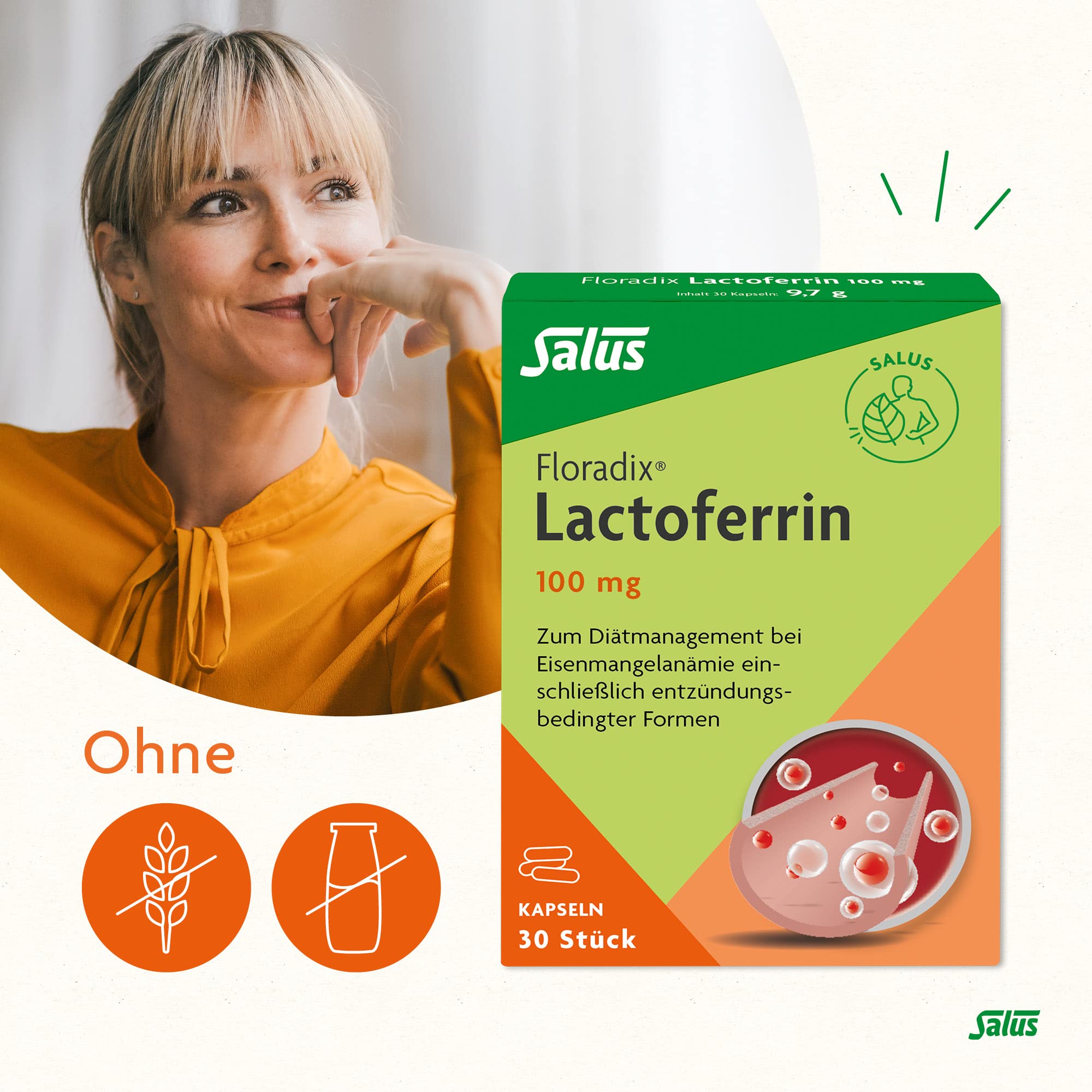 Salus Floradix Lactoferrin 100 mg - 1x 30 Kapseln (9,7 g) - zum Diätmanagement bei diagnostizierter Eisenmangelanämie einschließlich entzündungsbedingter Formen - vegetarisch