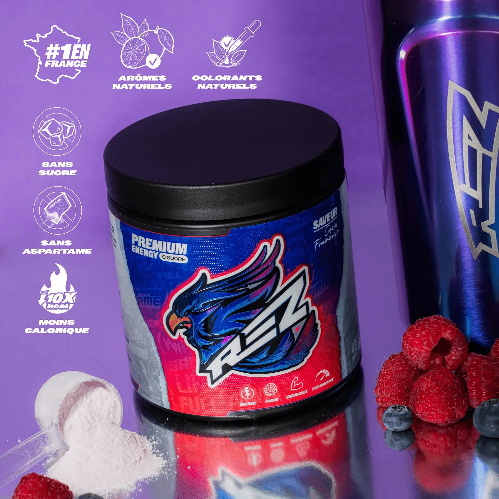 Rez® - Boisson Energisante Poudre Sans Sucre - 40 Doses - Aromes Naturels - 30 Calories - Fabrique en France - 400g - Cassis Framboise
