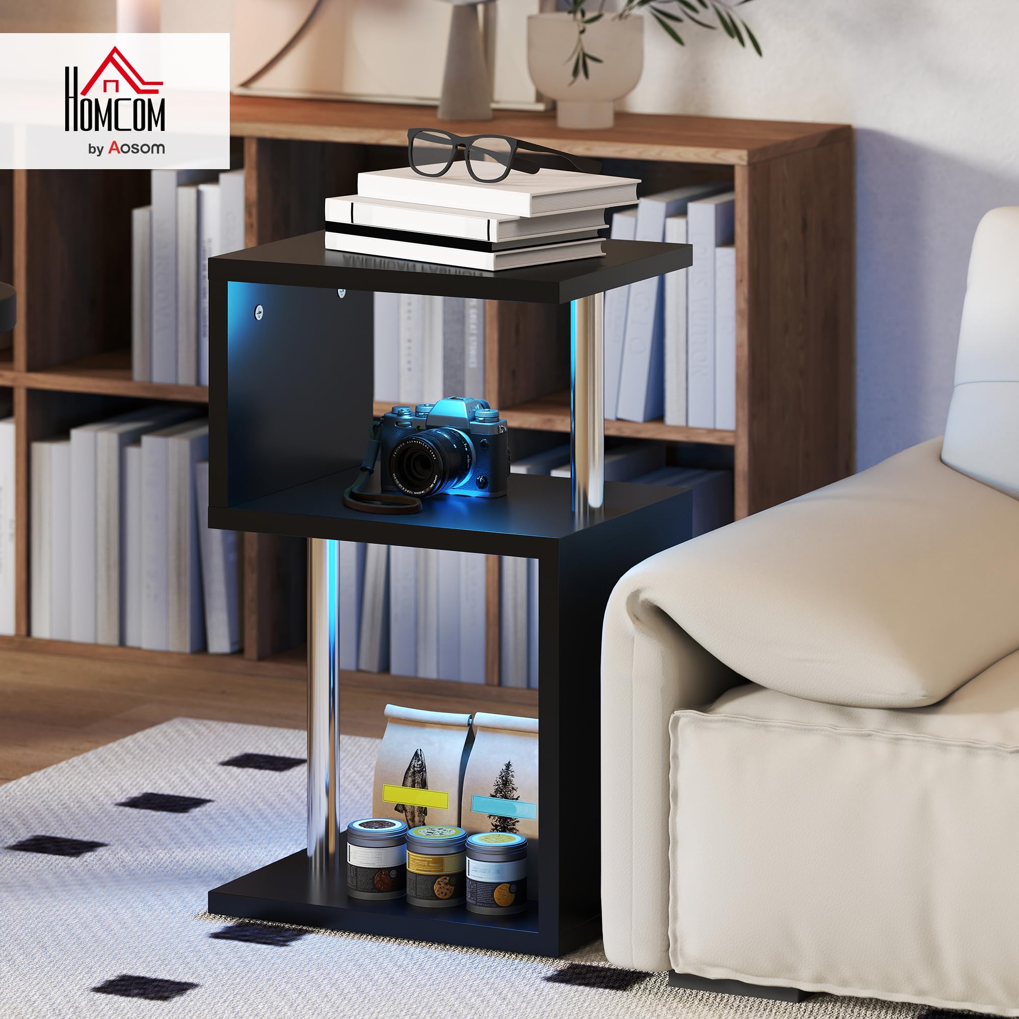 HOMCOM Mesa Auxiliar Luz LED de 3 Niveles 44x38x75 cm Negro Brillo