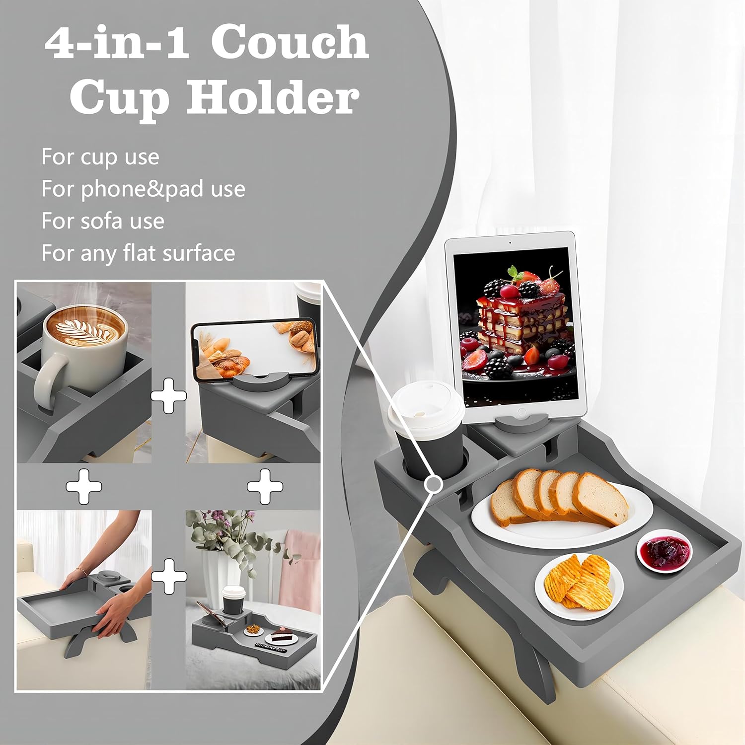 Couch Cup Holder Tray + Bamboo Sofa Arm Table Tray with Cup Holder, Folding Couch Arm Cup Holder for Snack Drink Eating Table,2 Grey
