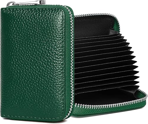 FEITH&FELLY Cartera de cuero genuino para tarjetas de crédito RFID con cremallera pequeña para mujeres y hombres, Verde oscuro, Classic