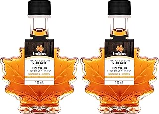 100% Pure Organic Maple Syrup, 100 ml (3.38 Fl Oz) - Premium Grade A - Quebec's Finest in Elegant Maple Leaf Bottle from Biodélices (Pack of 2)