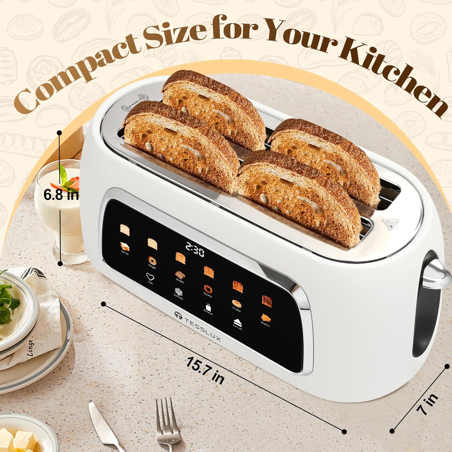 4 Slice Toaster with Touch Screen Control, 1.5" Wide Long Slots, 6 Browning Levels & 6 Bread Types, Digital Timer, Memory, Defrost, Reheat (WHITE)