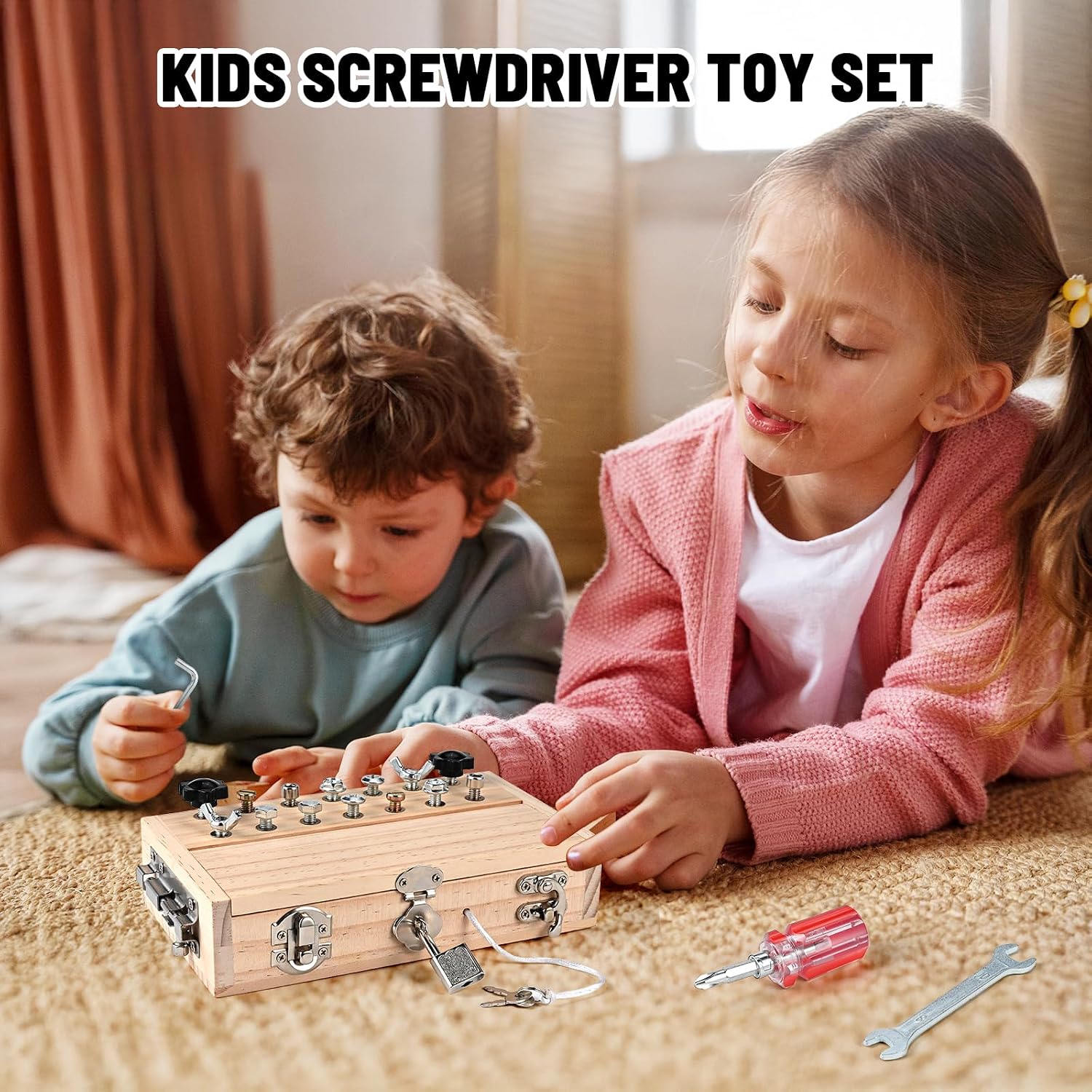 Montessori Screwdriver Board Set, Montessori Toys for 3 4 5 with 1 Locks and Keys, Toddler Screwdriver Toy, Kids Tool Set, Preschool Learning Sensory Toy, Fine Motor Skills Toys