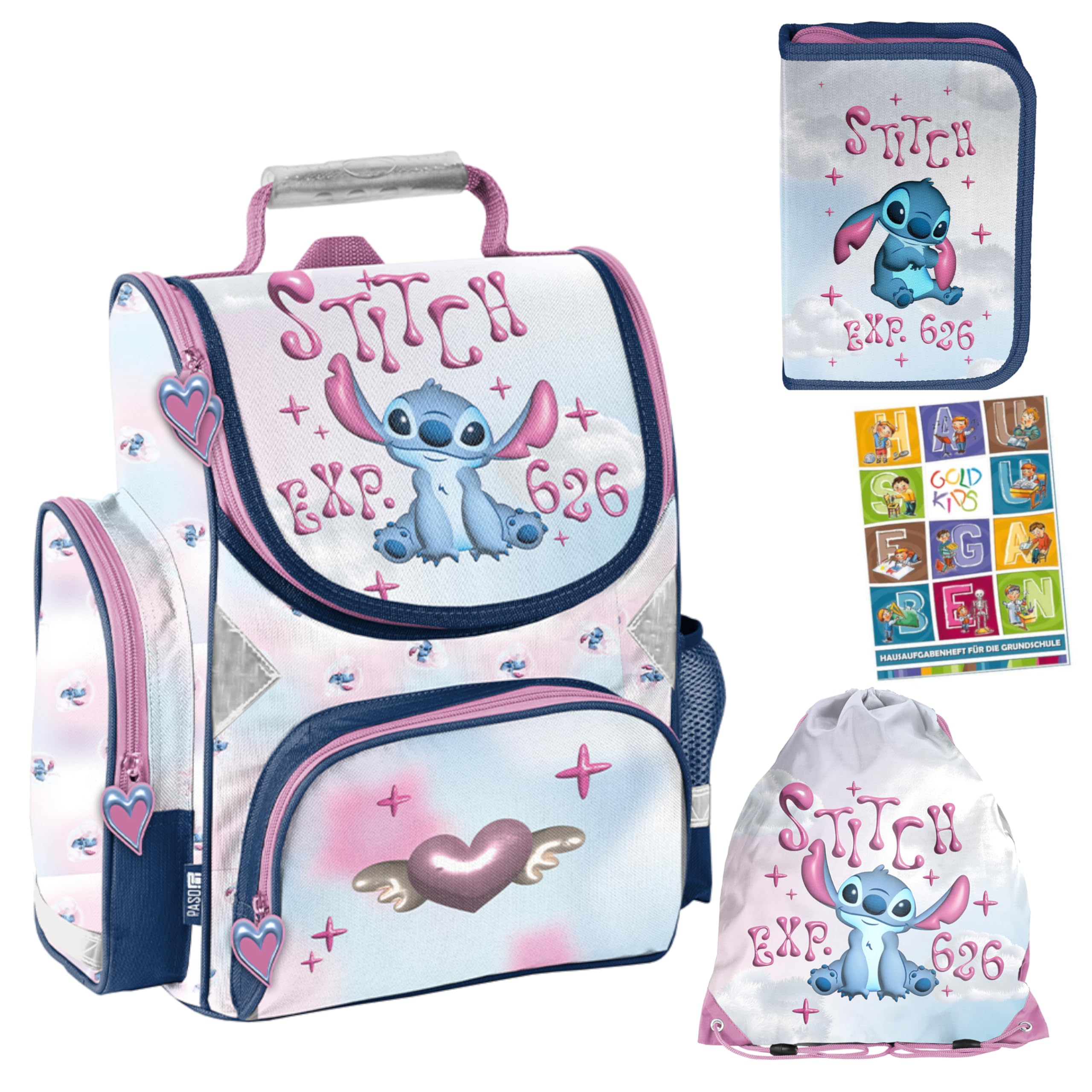 PASO- Schulranzen für Jungen und Mädchen, 4er-Set - Schul-Rucksack für Kinder mit Federmäppchen - Schuhbeutel und Hausaufgabenheft - Stitch Motiv- 1-3 Klasse