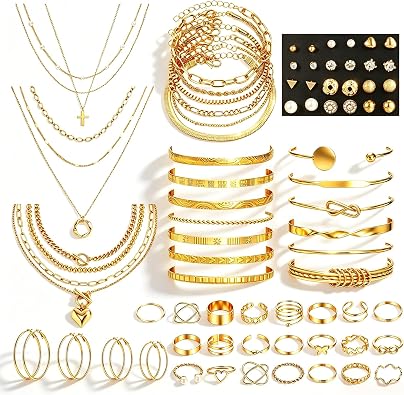 67 Pieces Gold Jewelry Set for Women Gold Accessories Jewelry Pack with 10 Necklace 4 Hoop Earrings 19 Bracelets 12 Stud Earrings 22 Knuckle Rings Fashion Costume Jewelry Sets for Women Gift