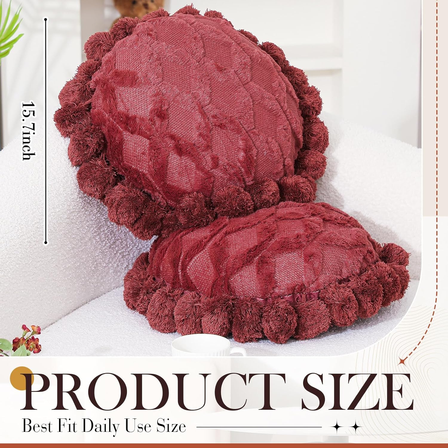 Tranqun 2 Pcs Boho Throw Pillows Cover 15.7 Inch Round Bohemian Decorative Pillow Covers Throw Pillow Cover Hand Tufted with Textured Pom Poms Cushion for Couch Sofa Bed Yoga (Red Rust Color)