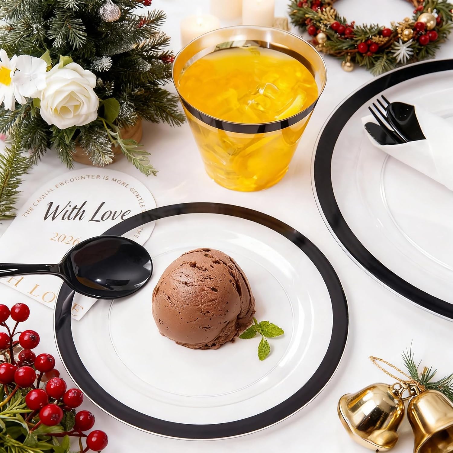 Liacere 350PCS - Clear Plates with Black Rim for 50Guests Dinnerware Include 100 Clear Plates disposable 150 Black Silverware 50 Napkins for Party & New Year & Martin Luther King Jr. Day - Image 5