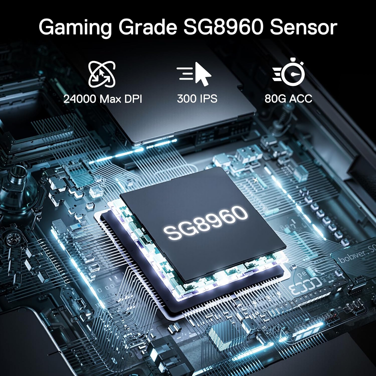 Close-up of the SG8960 Gaming Grade Sensor chip inside the Redragon M817 mouse, with specifications: 24000 Max DPI, 300 IPS, 80G ACC.