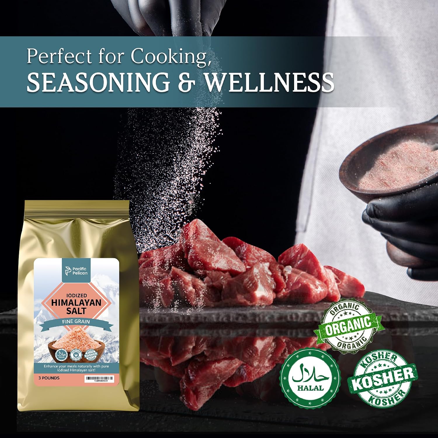 Pacific Pelican Premium Iodized Himalayan Pink Salt | Fine Grain, Unrefined, Pure Rock Salt | 3 Pounds | 100% Natural & Organic for Cooking, Seasoning & Wellness (Pack of 2)