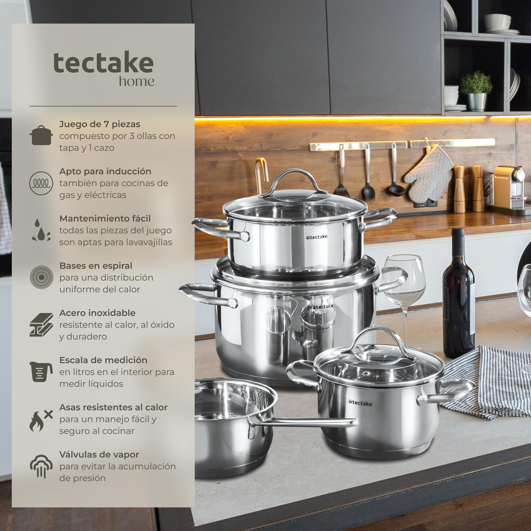 tectake® Juego de 3 Ollas con Tapa, 7 Piezas en Acero Inoxidable, Apto para Inducción, Escala de Medición, Asas Resistentes al Calor, Tapa de Cristal con Salida de Vapor, Ideal Cocinas y Camping