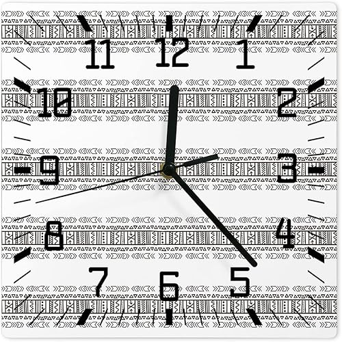 Reloj de pared de madera bohemio étnica tribu silencioso, sin tictac, geométrico cuadrado en blanco y negro, funciona con pilas, reloj decorativo
