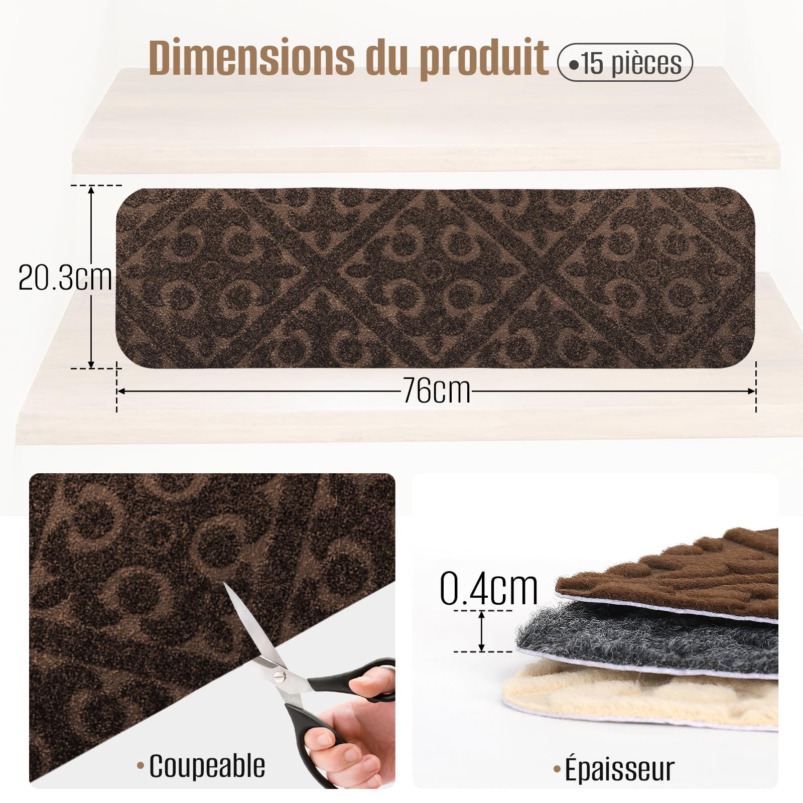 Lot de 15 tapis d'escalier autocollants et antidérapants - 76 x 20 cm - Pour l'intérieur - Idéal pour les enfants, les personnes âgées et les animaux domestiques (fleur carrée marron)
