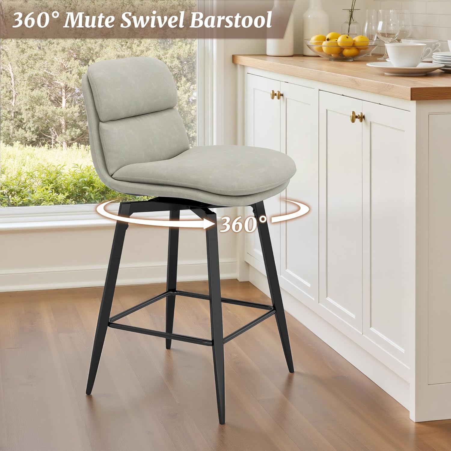Cozyman 26 Inch Swivel Bar Stools Set of 3, Counter Height Barstools, Double Upholstered, Faux Leather, Metal Legs, Kitchen Island, Misty Beige