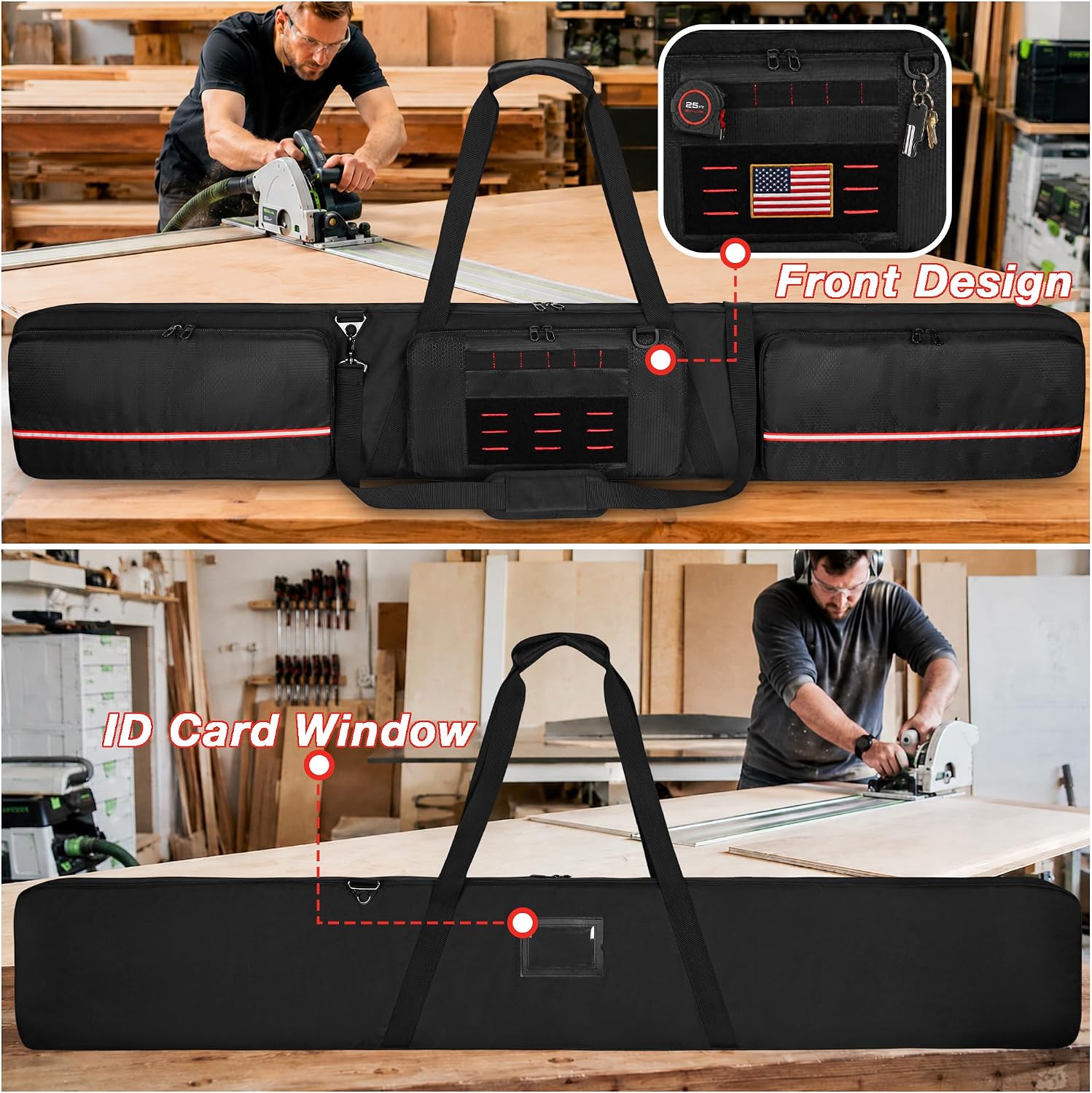 Padded Track Saw Guide Rail Bag for 2 Rails up to 59 Inch for Milwaukee | Reflective strips and shoulder strap, water-resistant rail storage case with 3 front sections, MOLLE, patch area, D-ring