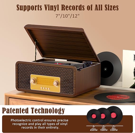 OTIC Vinyl Record Player with Speaker, Bluetooth & AM/FM Radio Turntable