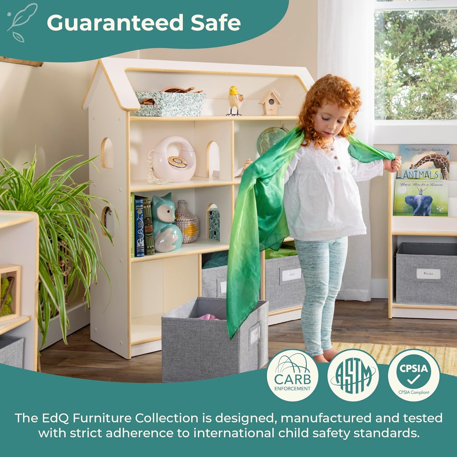 Guidecraft EdQ Dollhouse Bookcase - White: Bookshelf for Kids with Storage Bins for Dolls, Books, Toys, and School Supplies| Kid's Bedroom and Classroom Furniture