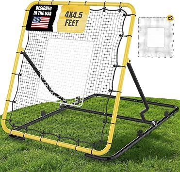 Suteck 4x4.5ft Baseball Softball Rebounder Net with Extra Replacement Net | 3 Adjustable Return Angles, Portable Bounce Back Trainer, Indoor Outdoor Backyard Practice