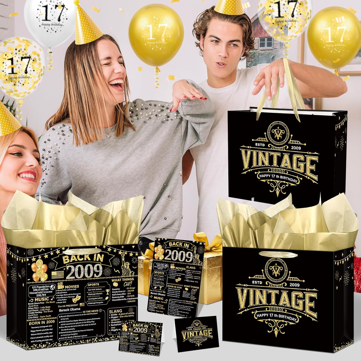 Double-Sided 17th Birthday Gift Bag with 2009 Poster, Card & Tissue Paper (11.8"x9.4"x5.3"), Vintage Back in 2009 Birthday Decorations Wrap Bag for Men Women, 17 Year Old Seventeen Bday Party Supplies image 3