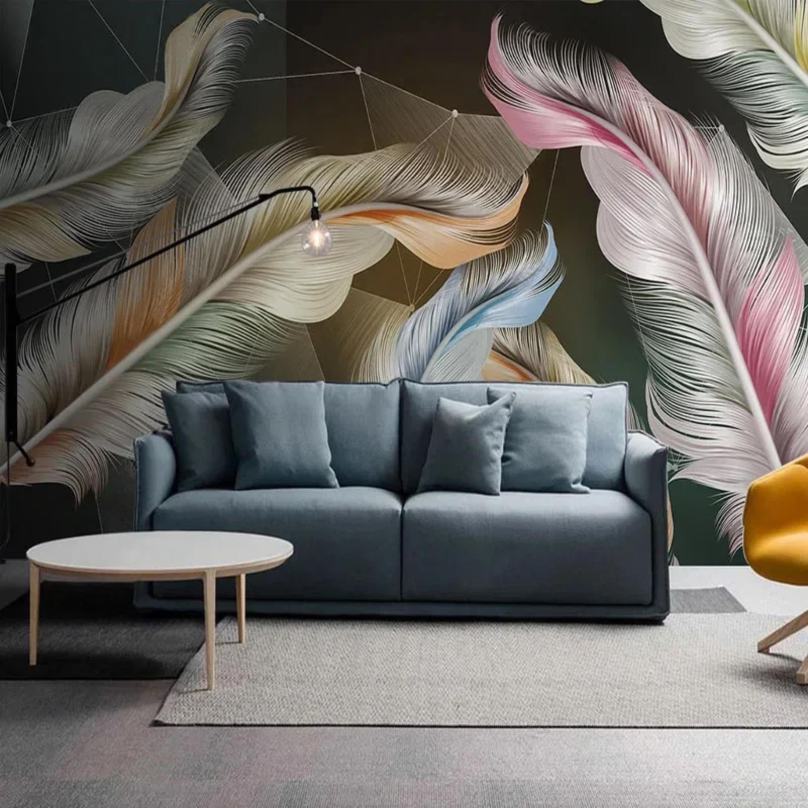 Papier peint 3D plumes colorées pour sublimer le canapé du salon