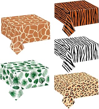 5Pcs Animal Safari Tablecloth, Leaf Table Cloth Jungle Animal Theme Party Table Covers Tiger Zebra Giraffe Leopard Tablecloths for Baby Shower Party Safari Decorations, 51 x 86 Inch