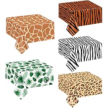 5Pcs Animal Safari Tablecloth, Leaf Table Cloth Jungle Animal Theme Party Table Covers Tiger Zebra Giraffe Leopard Tablecloths for Baby Shower Party Safari Decorations, 51 x 86 Inch
