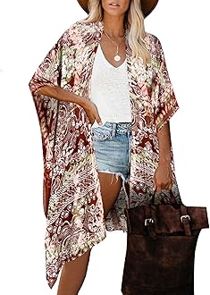 Moss Rose Women's Beach Cover up Swimsuit Kimono Cardigan with Bohemian Floral Print, C Multicolor Print, One Size