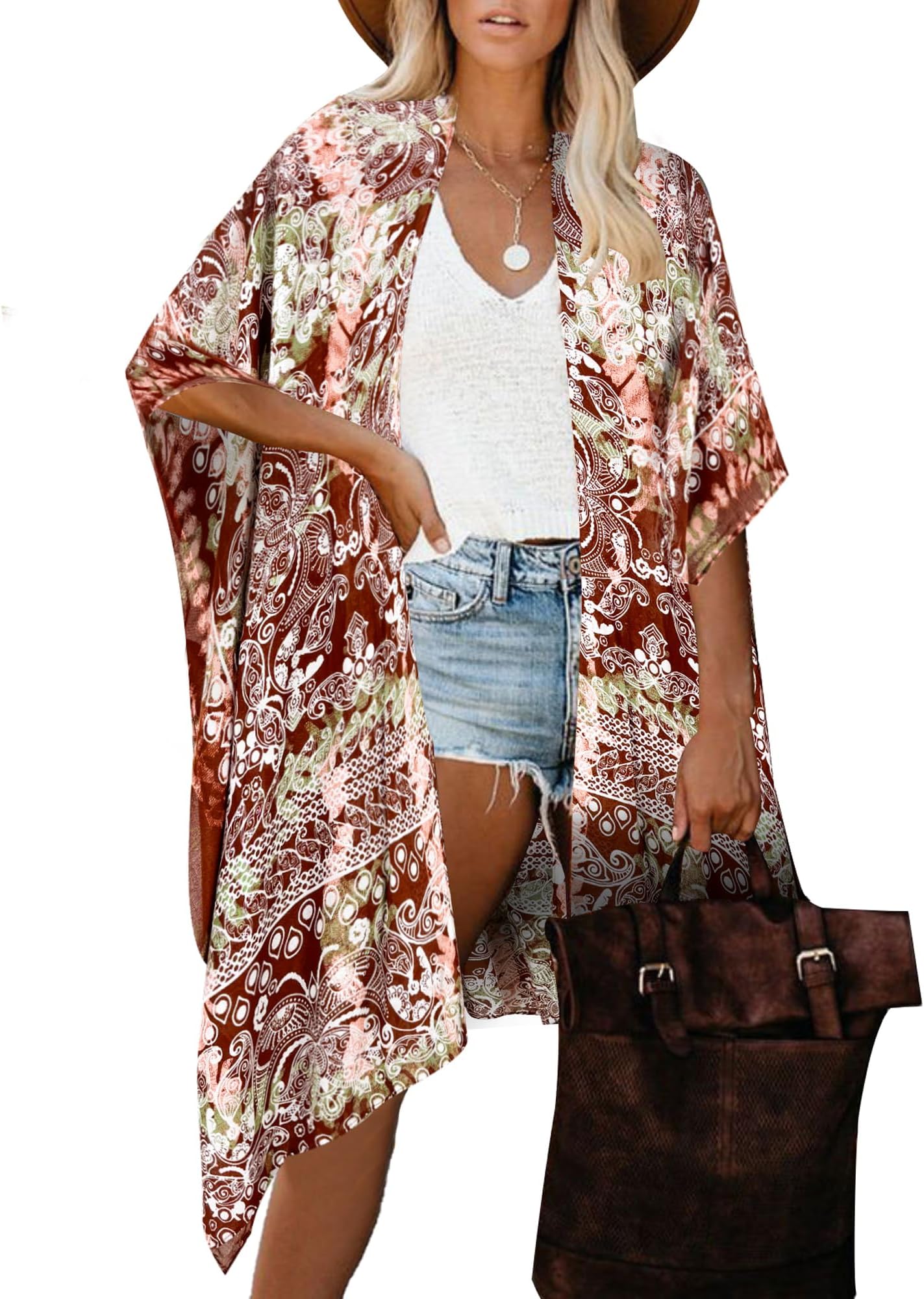 Moss Rose Women's Beach Cover up Swimsuit Kimono Cardigan with Bohemian Floral Print, C Multicolor Print, One Size