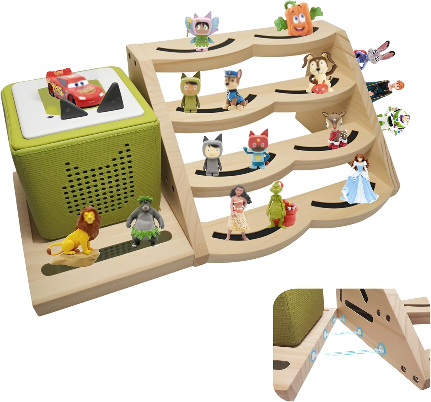 Detachable Magnetic Wooden Tonies Storage, Holds 30-40 Figures | with Charging Dock for Toniebox 1 & 2, 4-tier wave design, Cultivate Kids' Organizing Skills, Gift for Tonies Fans