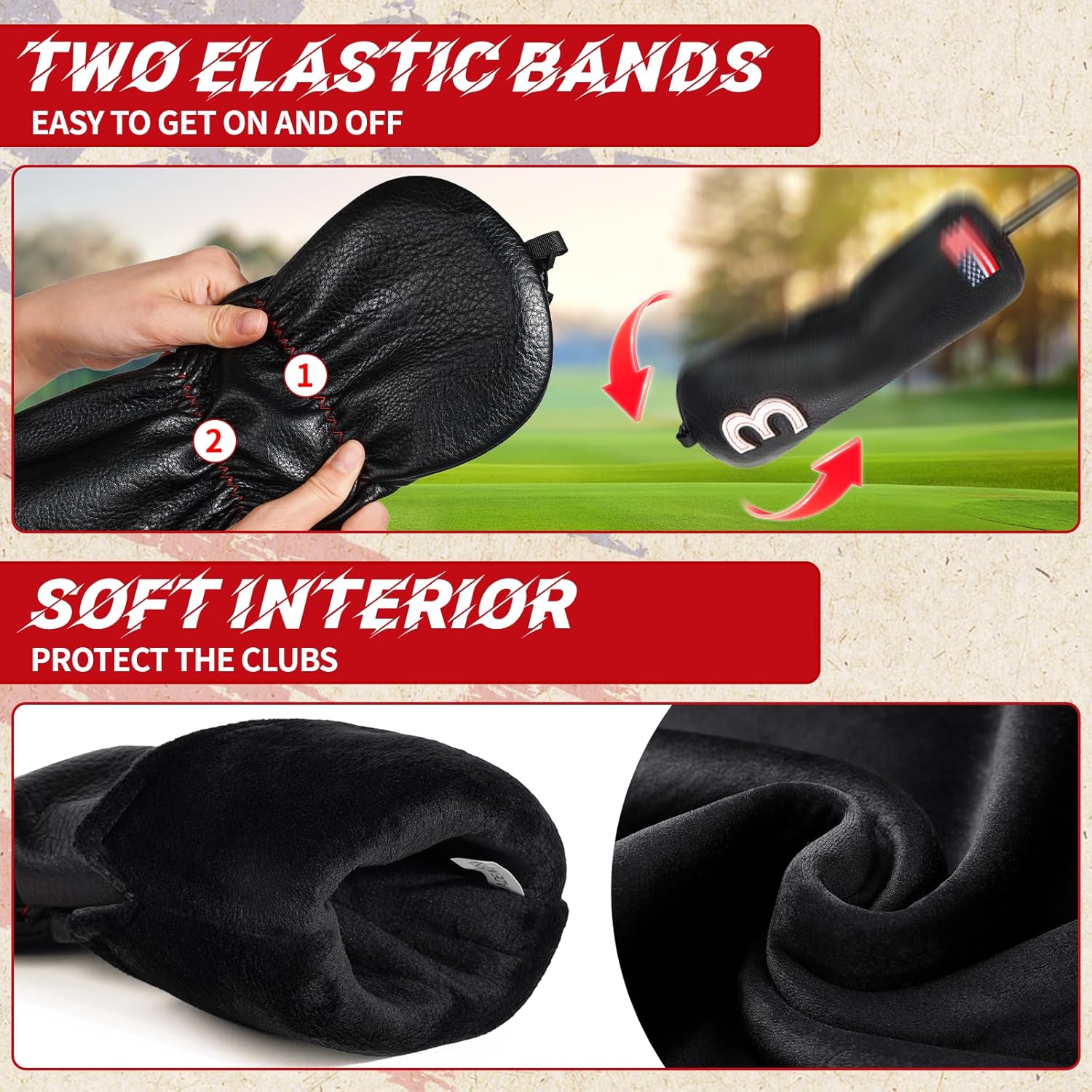 Golf Head Covers, US Flag Patriotism Golf Club Cover for Woods and Driver, Fairway, Hybrid - Premium Leather Golf Club Head Covers with Interchangeable Tags