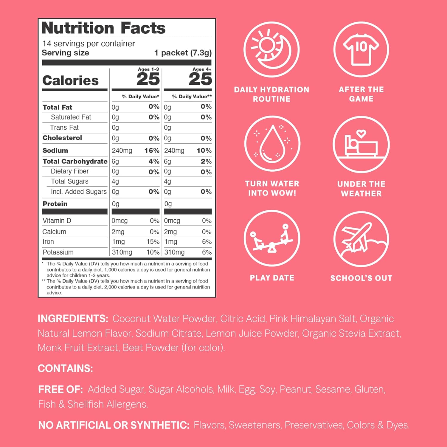 Cure Hydration - Kids Electrolyte Drink Mix | Plant-Based Pediatrician Formulated Rehydration | No Added Sugar, FSA-HSA, Non-GMO, Gluten-Free, No Artificial Flavors | 14 Packets - Pink Lemonade