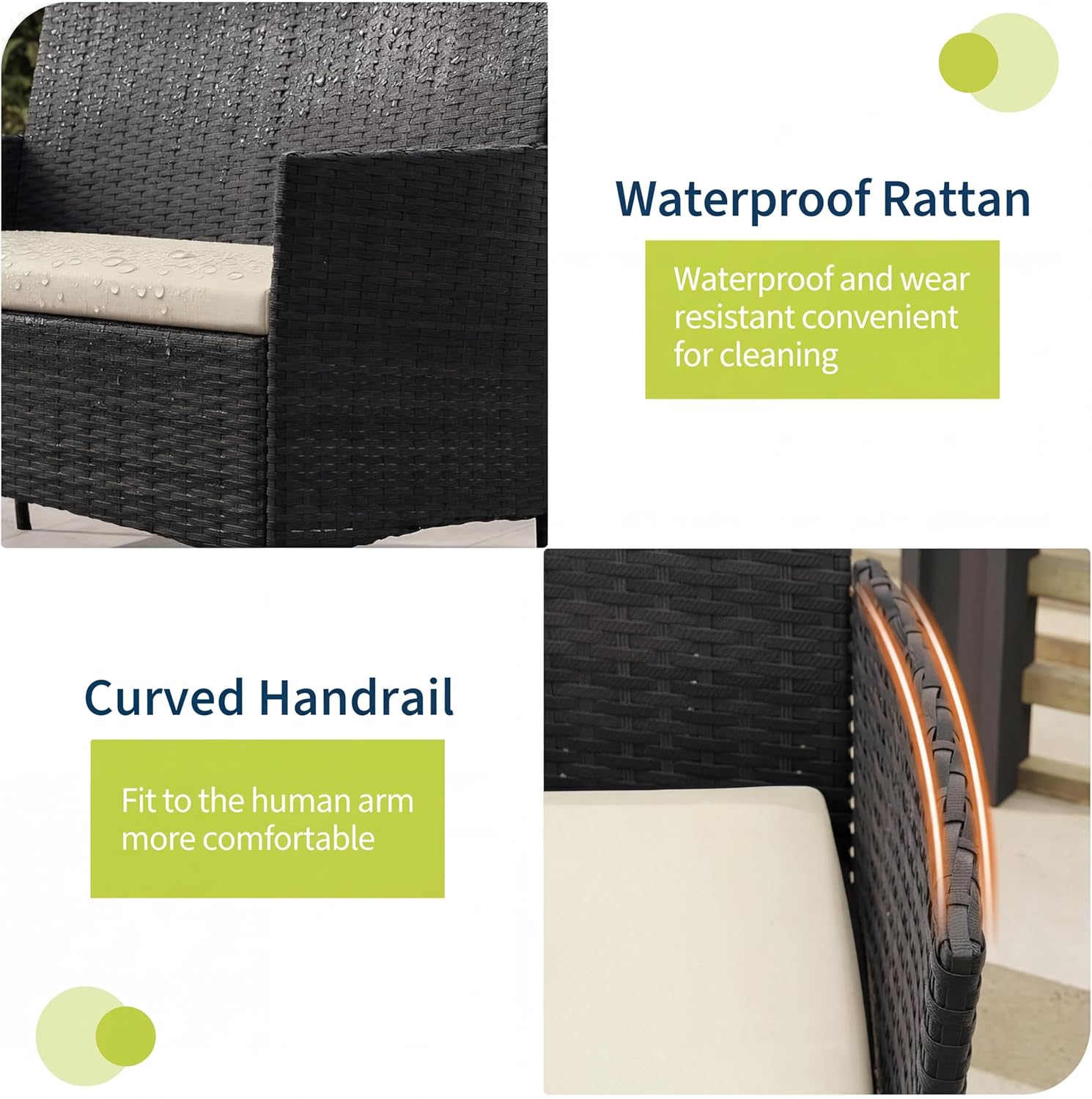 3 Piece Patio Furniture Set, Outdoor Deck Rattan Chair Wicker Combo Furniture, All Weather Dialogue Rattan Sofa With Upholstery and Glass Table for Garden, Backyard, Porch, Lawn, Pool, Black